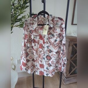 Cotton Daisy Button Down Shirt Lightweight roll tab sleeves Hipster Size 2X New